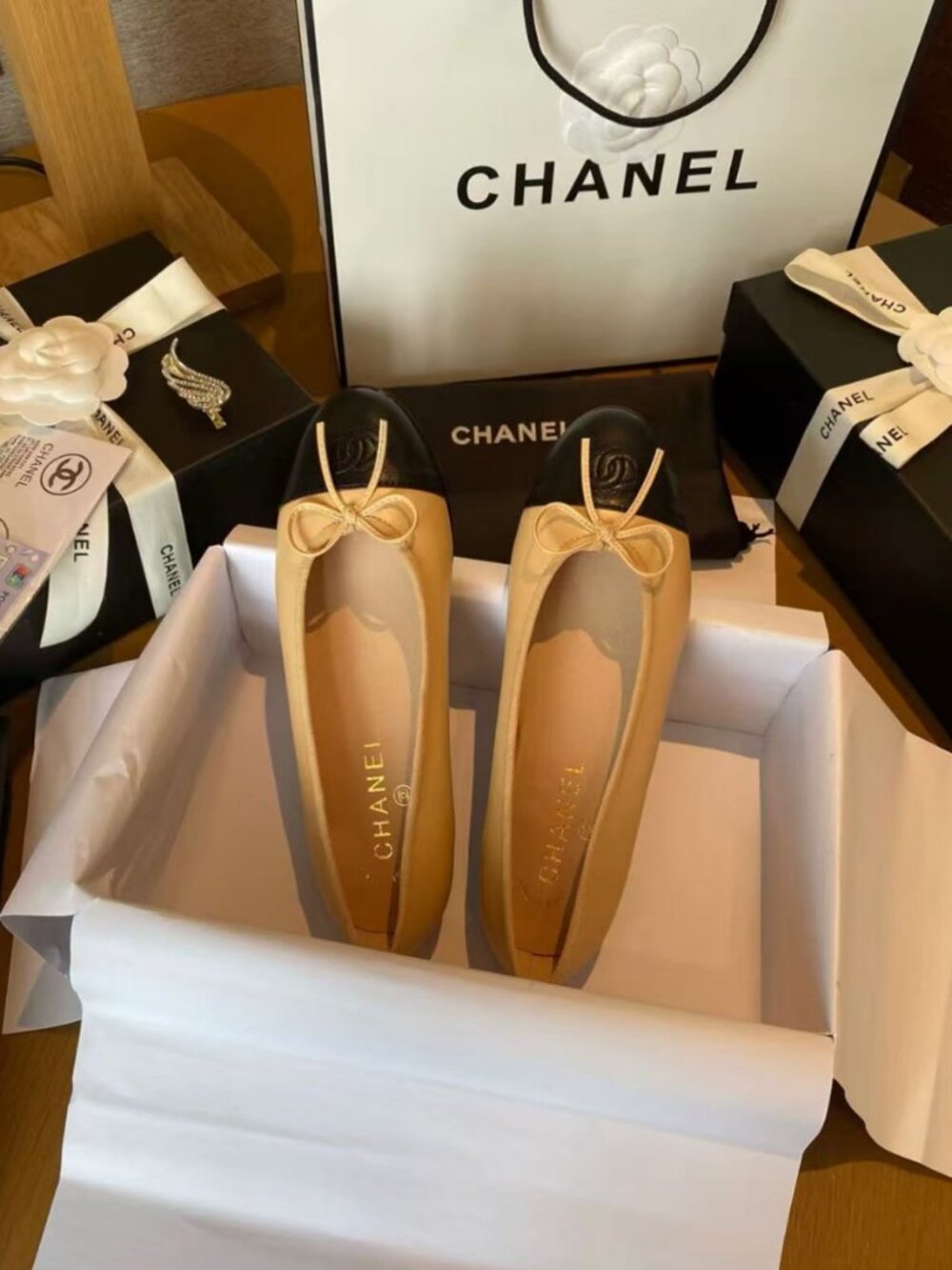 CHANEL Beige Black Cap Toe Ballet Flats